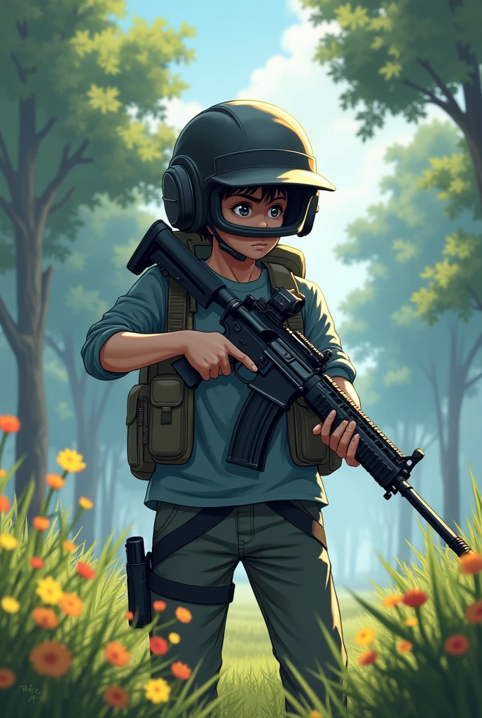 Create anime boy pic wearing a full face pubg helmet and face is covered with the helmet, holding m416 assault rifle, the scene is from beautiful forest with grass and flowers, the scene is aesthetic that every people will love to see