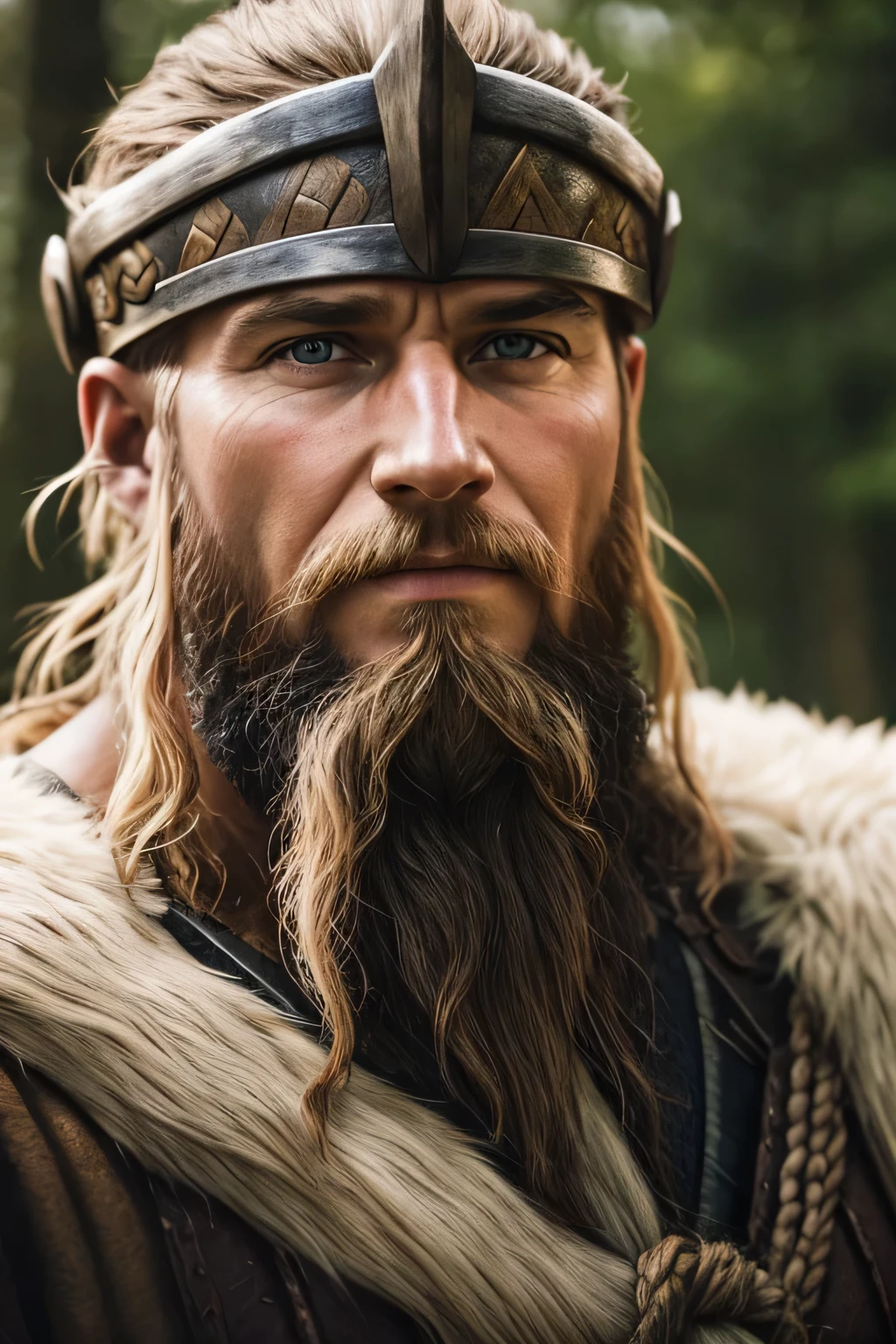 photoshot: a close-up of a Viking man's face with a golden crown on his head, realist art, a digital rendering, by René Auberjonois, biblical epic film, blue eyes pool, tv commercial, rei viking épico, tails: gold with a rounded royal blue diamond set in the middle on its front face, hairs: long to the shoulder and gray, Barba: gray goatee, lookin: fixed and focused, Facial expression: series, Expression marks: wrinkles on the cheeks and middle of the forehead, kor: apparently over 60 years old, Lighting: natural light coming from behind the man