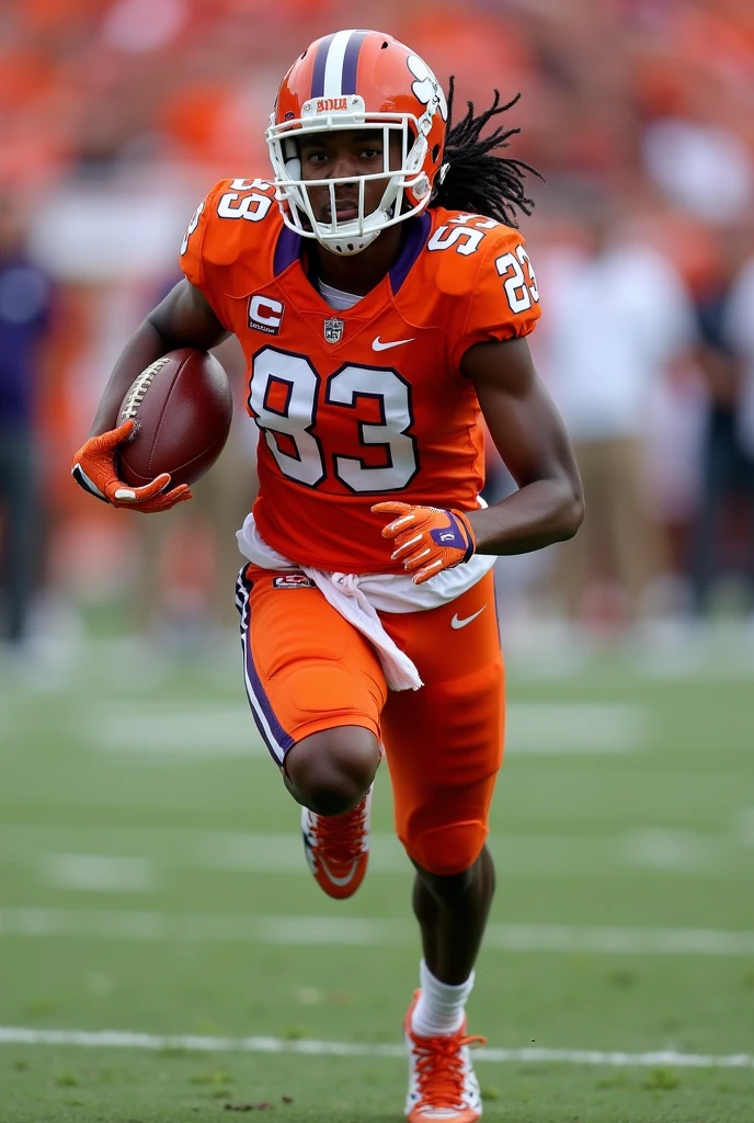 A photo of Erin Green, a wide receiver for the female Clemson Tigers football team. Number 83. Below average height for a wide receiver, but I make up for it with great speed and hands