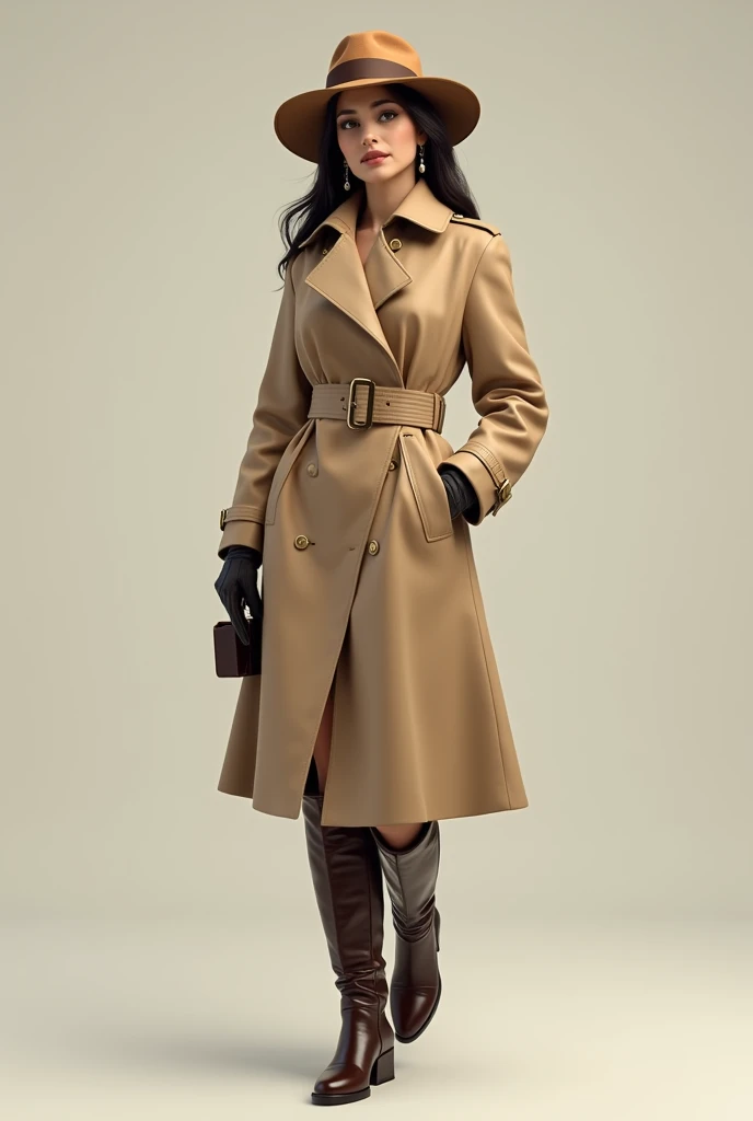 Woman from the 70s in beige Trenchcoat, Boots, gloves, hat, and ear rings