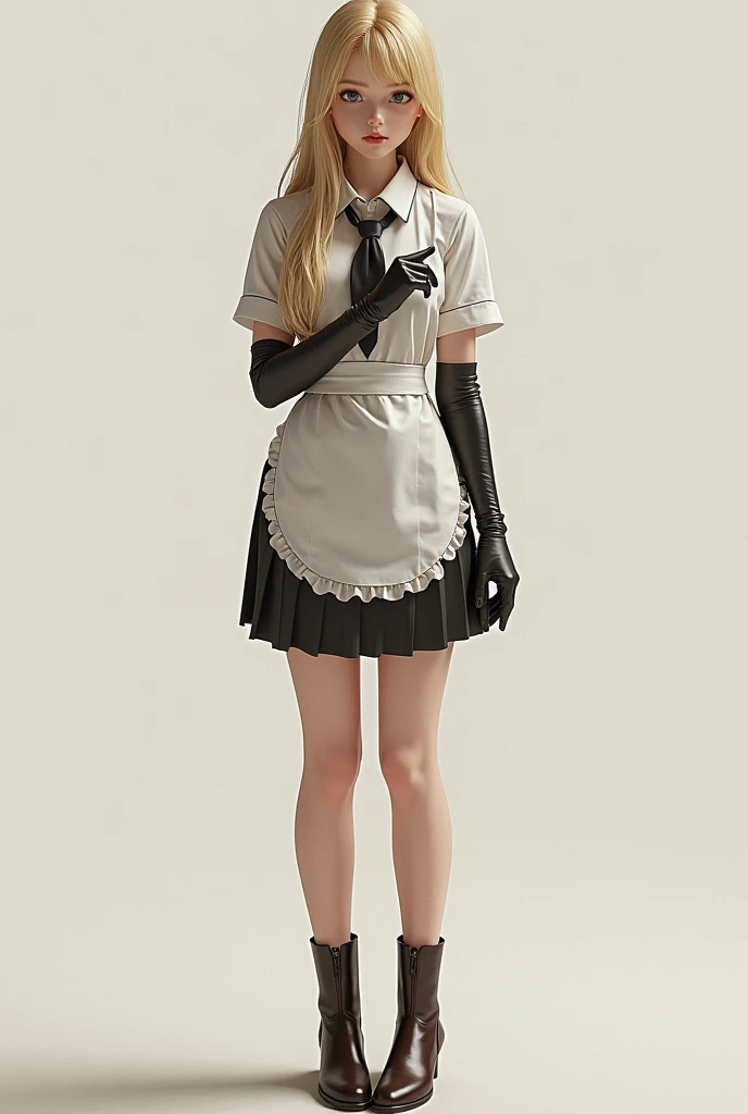 18 year old blonde schoolgirl, in her uniform with shirt tie and skirt, with an apron on. She has long latex gloves and long leather heel boots. She touching her skirt. Cuerpo entero.