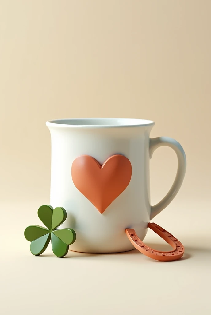 Coffee mug with a heart above a clover and a horseshoe
