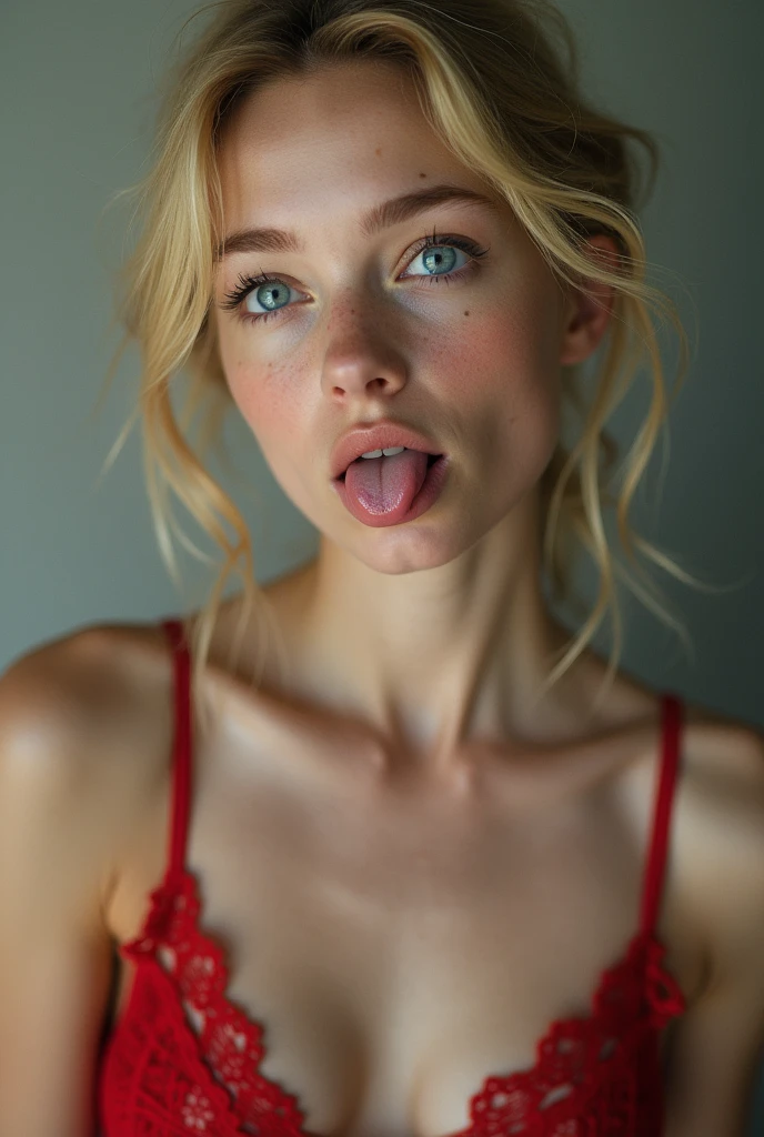 photo canon 89millimetre peau noir blonde au yeux bleu tache de rousseur
imperfections sur le frontcomme taches de naissance
epaule visible petits seins qui tire la langue, yeux en l'air
en soutient gorge rouge
