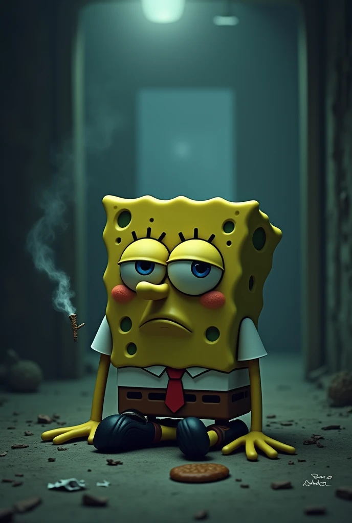 Spongebob squarepants in depressing situations while smoking weed 