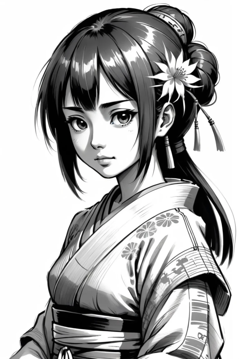 japan cavei girl, Middle Ages, japan artstyle, drawing with papyrus, large strokes, finalized with ink, fine lines, sketch artstyle, graycale, monochrome
