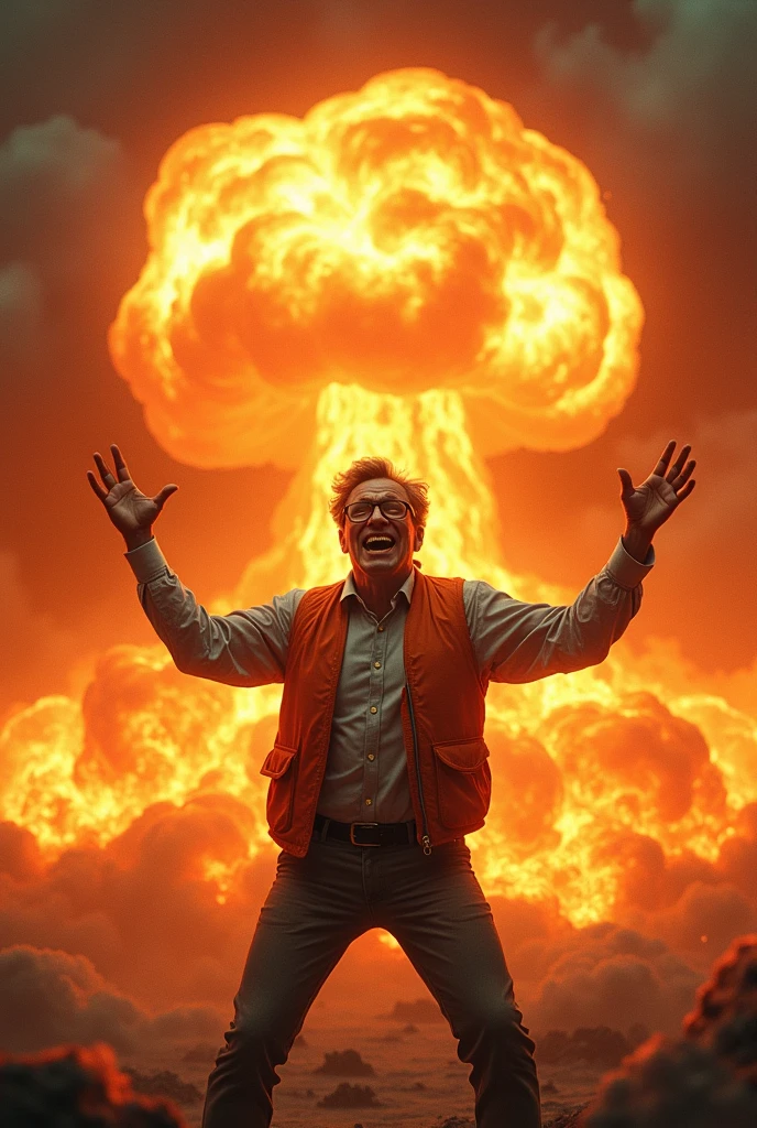 Thin and wearing glasses20A man about the age、Laughing in madness、wearing an orange vest、He has both hands ready to throw a giant nuclear bomb.、The sea of fire all around