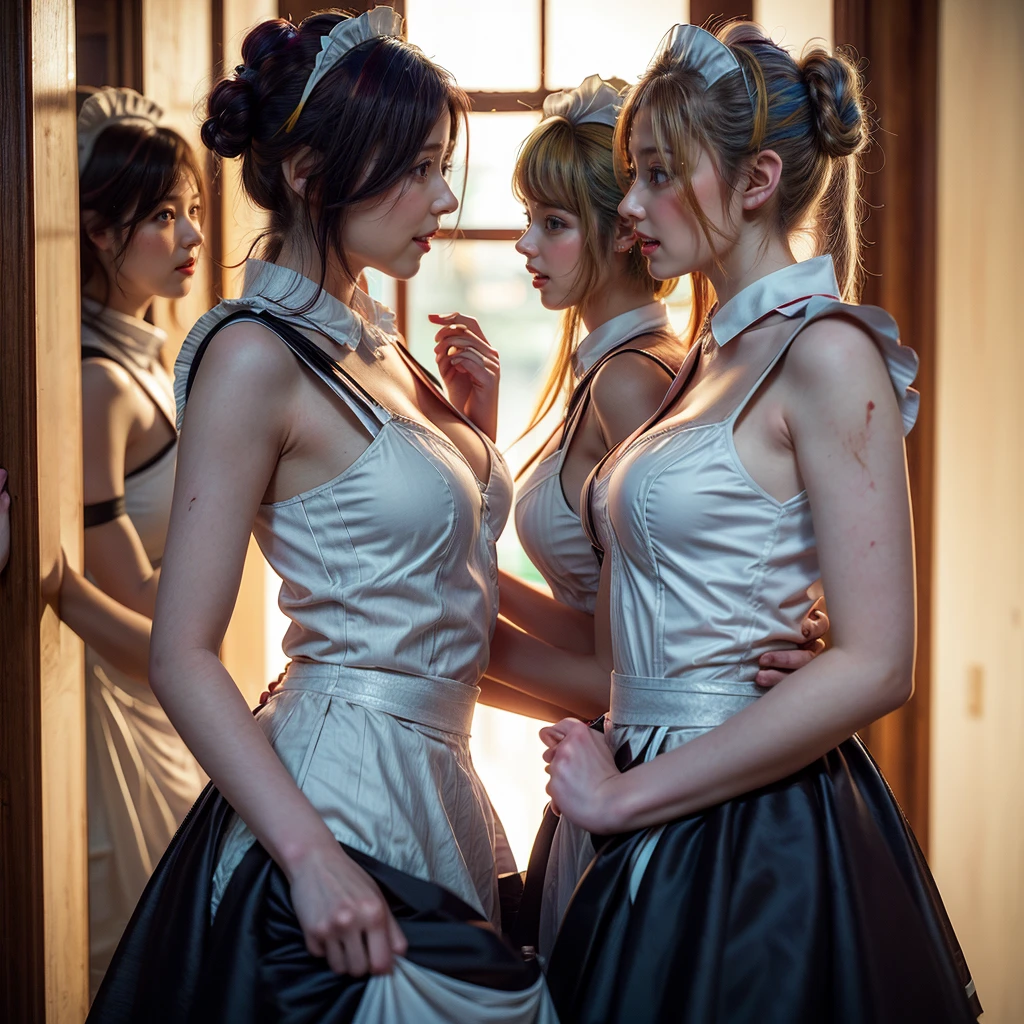 (Full Body of Extremely Detailed((Kawaii Maid Group in a row:1.37))), Childish perfect face, Reflective Eyes, Detailed(Delicate Clothing textures), Dynamic Joyful Expressions LifeLike Rendering, Specular Reflection, TopQuality 8K Ultra-detailed masterpiece (ProfessionalPhoto:1.37), (Acutance:0.8), (Luminism:1.28), (Renaissance art style), Colorful Light particles, ((Full body from side)), {MicroMini(SkirtLift)|Kissing|Breast Lifting|Undressing}, Radiant Fine Skin with Transparency, (Exposed:0.5), (Different types of Vivid hair color:1.8), Perfect Lighting