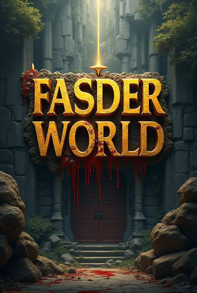 There is a fantasy, Golden title "FASDER WORLD" covered with blood. A fantasy, sci-fi, adventure background. A realistic, 3D, aesthetic, and fantasy poster.