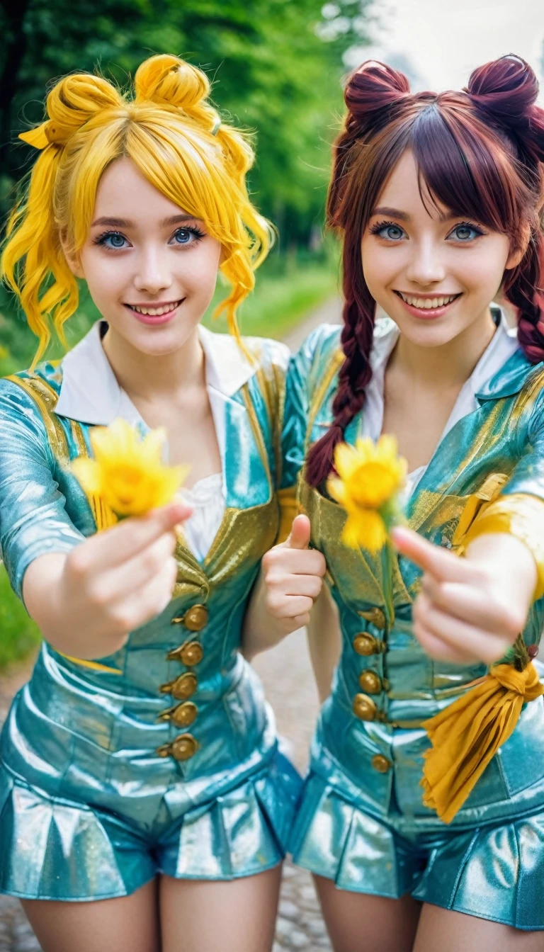 2 german -girls cosplaying manga girls, manga like eyes, van gogh style picture, shiny clothing, seductive smile, hands up waving