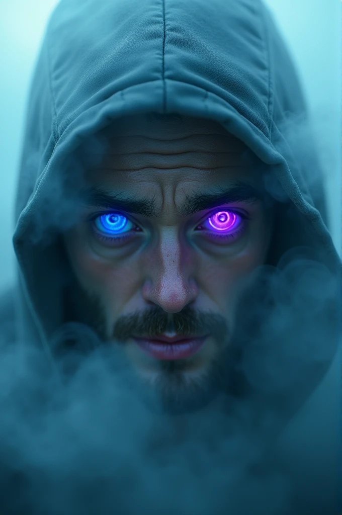 The man in the fog has two blue and purple eyes.
