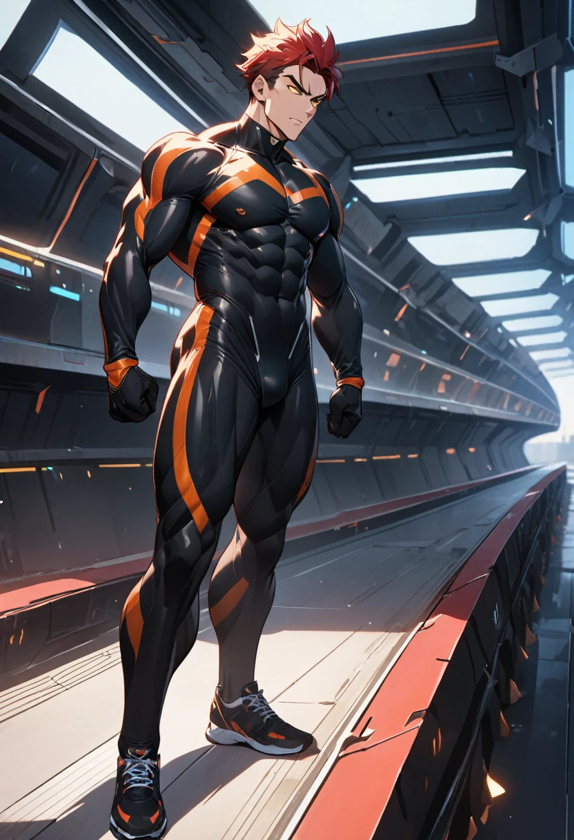 masterpiece, best quality, 8K, ultra res, extremely detailed,, Muscular wild man  with red short hair and yellow eyes, in an anime illustration style. He's dressed in a sleek black spandex suit, tight and plain. A powerful warrior, confident and proud, striding across the vast bridge of a futuristic starship. The clothing fits him snugly, emphasizing his athletic build. Subject details: Muscular wild boy BREAK Black tight spandex suit BREAK Proud, confident pose.
