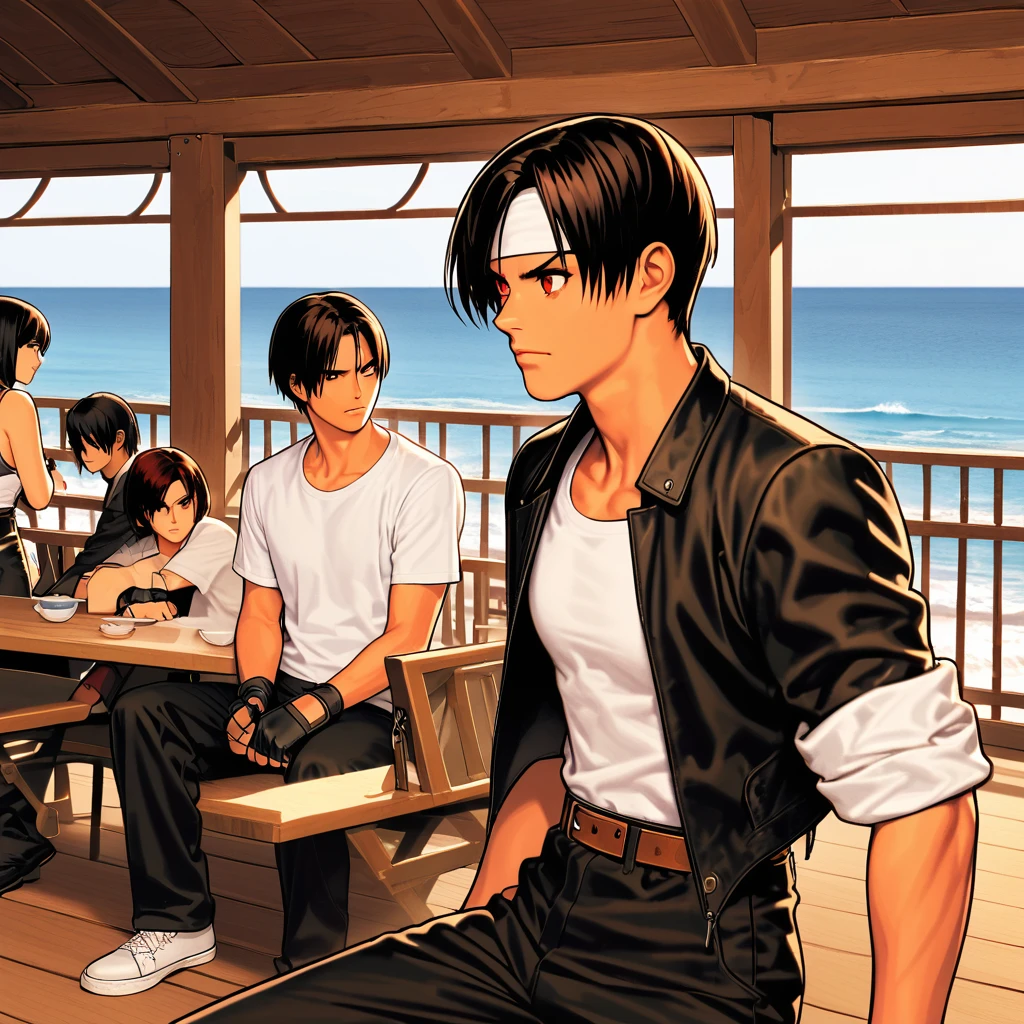 One person,woman,Bad mood,My friend has mixed feelings,everyone is sitting,short hair,Black Hair,Dark Skin,Red eyes,(black jacket with sleeves rolled up),Fingerless gloves,White T-shirt, (White headband),Black trousers,White shoes,Brown belt,cute,Indoor Party,Charm Points,Ocean View,Slightly large chest,Outdoor,high quality,good looking,A confident and complex face,My friend is worried on the terrace,友人はwomanを見る