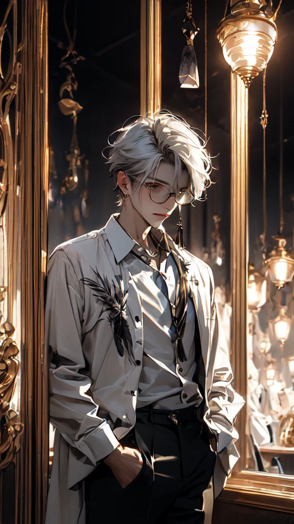 (Masterpiece:1.2), best quality,realistic,mid trip,
1 boy, glove, focus man, feather pen, decorations, earring, สายรัดglasses, white background, White hair, glassesข้างเดียว, Holding, black glove, short hair, hands in pocket, book, shirt, long sleeve, พื้นหลังที่smoothง่าย, look at viewer, tassel, hair between the eyes, Many perspectives, lamp, smooth, collared shirt, paper, earringเดี่ยว, shirtโค้ท, trousers, black shirtโค้ท, glassesทรงกลม, gag, alone
 