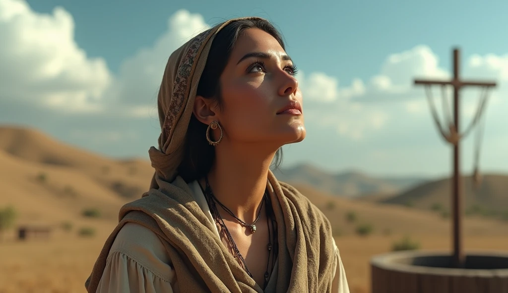 (best quality: 1.4), (Ultra Highres: 1.2), (photorealistic: 1.4), (8k, RAW photo: 1.2). The description of the Samaritan woman's physical appearance is not detailed in the biblical narrative, but her Samaritan origin suggests she likely had similar characteristics to other people in the region. Without historical-cultural context, the story of the Samaritan woman. looking at the sky