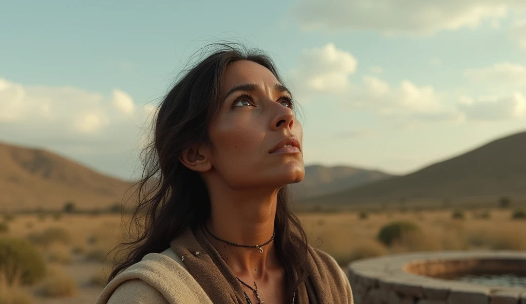 (best quality: 1.4), (Ultra Highres: 1.2), (photorealistic: 1.4), (8k, RAW photo: 1.2). The description of the Samaritan woman's physical appearance is not detailed in the biblical narrative, but her Samaritan origin suggests she likely had similar characteristics to other people in the region. Without historical-cultural context, the story of the Samaritan woman. looking at the sky