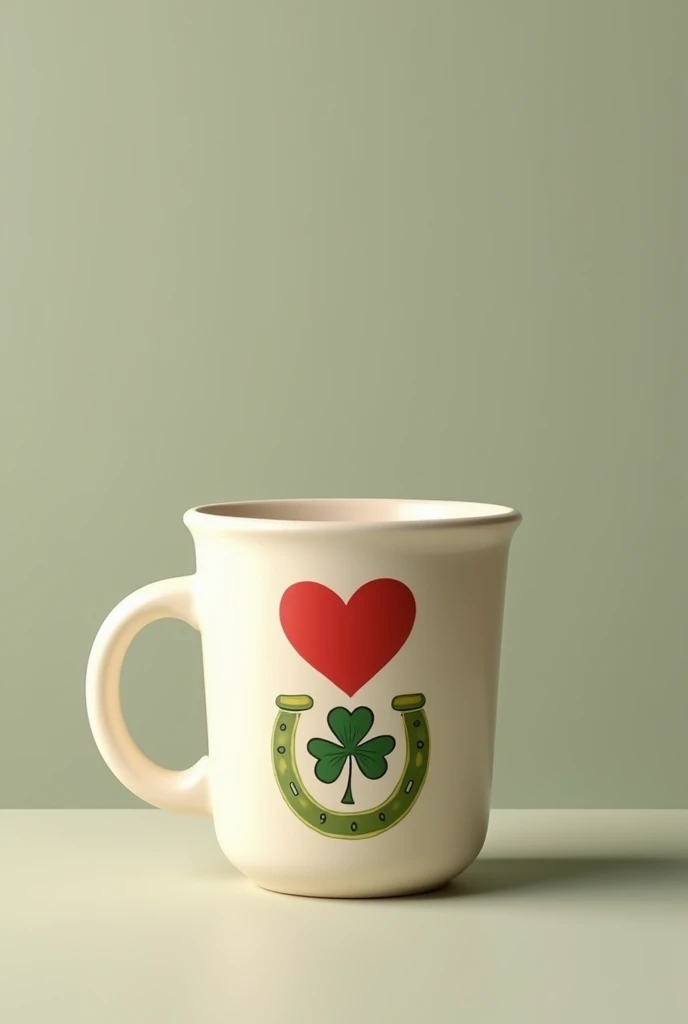 Coffee mug with a heart above a clover and a horseshoe
