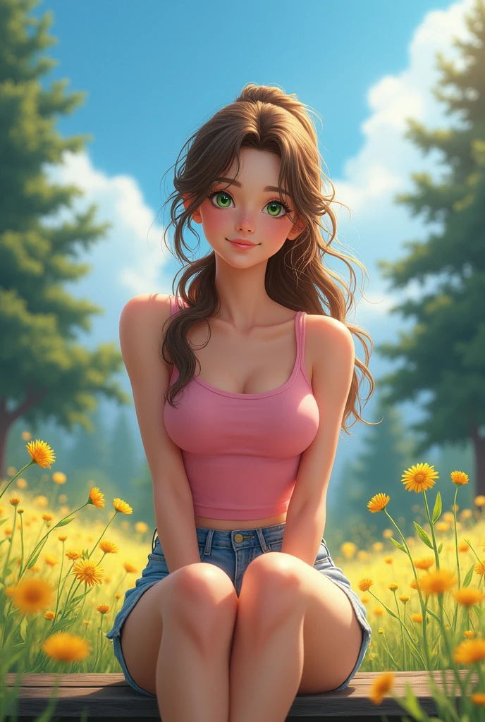 Hd, hight resolution, detaile, 4k, masterpiece, beautiful brown hair woman sitting on a park bench, ponytail, green eyes, pink tank top, denim shorts, big , on a beautiful hill, lots of yellow flowers and pine trees, in sunny summer, blue sky, she is very happy smiling sweetly.