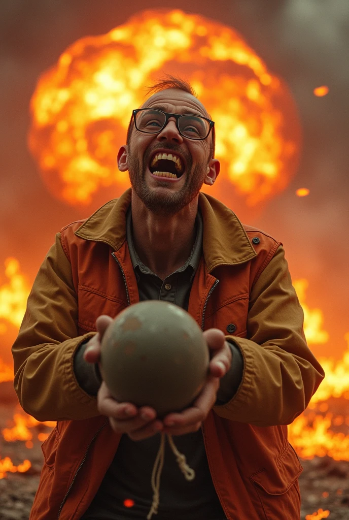 Thin and wearing glasses２０A man about the age、Laughing in madness、wearing an orange vest、He has both hands ready to throw a giant nuclear bomb.、The sea of fire all around