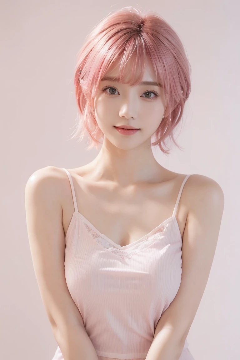 ((masterpiece、best quality))、short hair, ((pink waveing hair color)),((White background)),((camisole)), shape、super detailed、8k、actual、sharp focus、Very detailed、professional lighting、spotlight、Colorful details、Detailed texture,A stunningly beautiful girl,Wearing a transparent cheongsam,(most suitable hairstyle:1.4)、(in the most helpful way:1.3)、(Half-length photo:1.4)、big breasts、、18 years old、Smile、