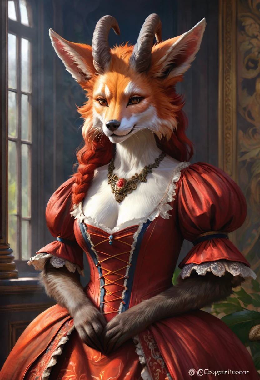 Brian Froud Inspired Beautiful Humanoid Creature. Croos between a Kitsune and a satyr. Copper Red Fur. Female. Friendly And Inviting Looking. Exudes Good And Kindness. Wearing A 1920 Dress. Official Art, Award Winning Digital Painting, Digital Illustration, Extreme Detail, 4k, Ultra Hd, Rococo, Polished, Intricate, Realistic Fantasy Art, Sharp Focus, Concept Art, Art By Wlop, Artgerm, (2d Vector Illustration)