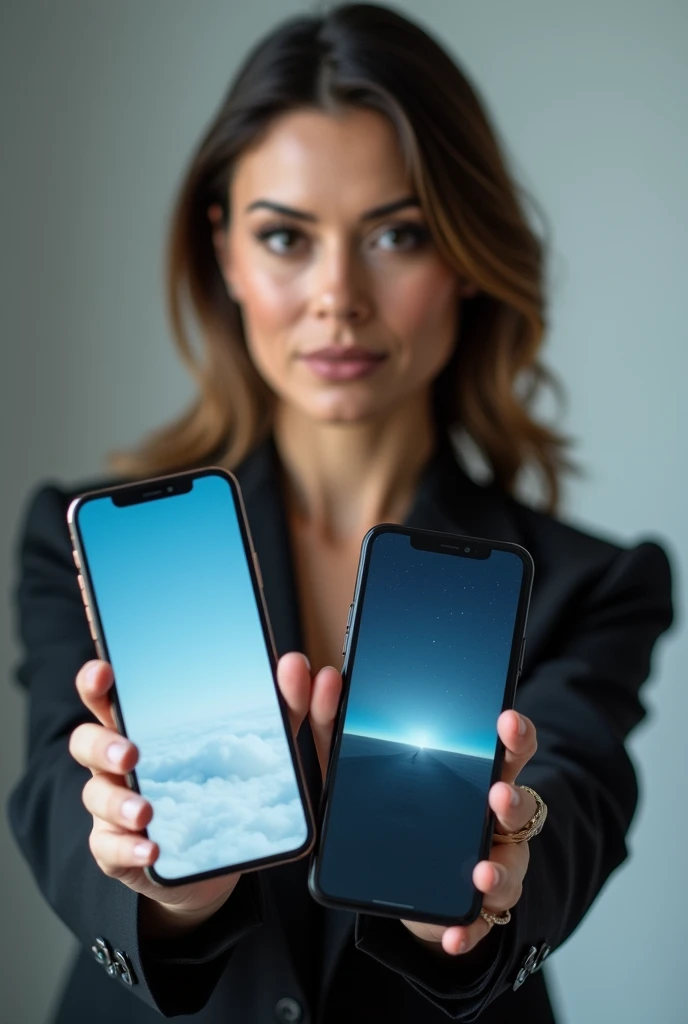 Photo of a woman showing two phone screens 