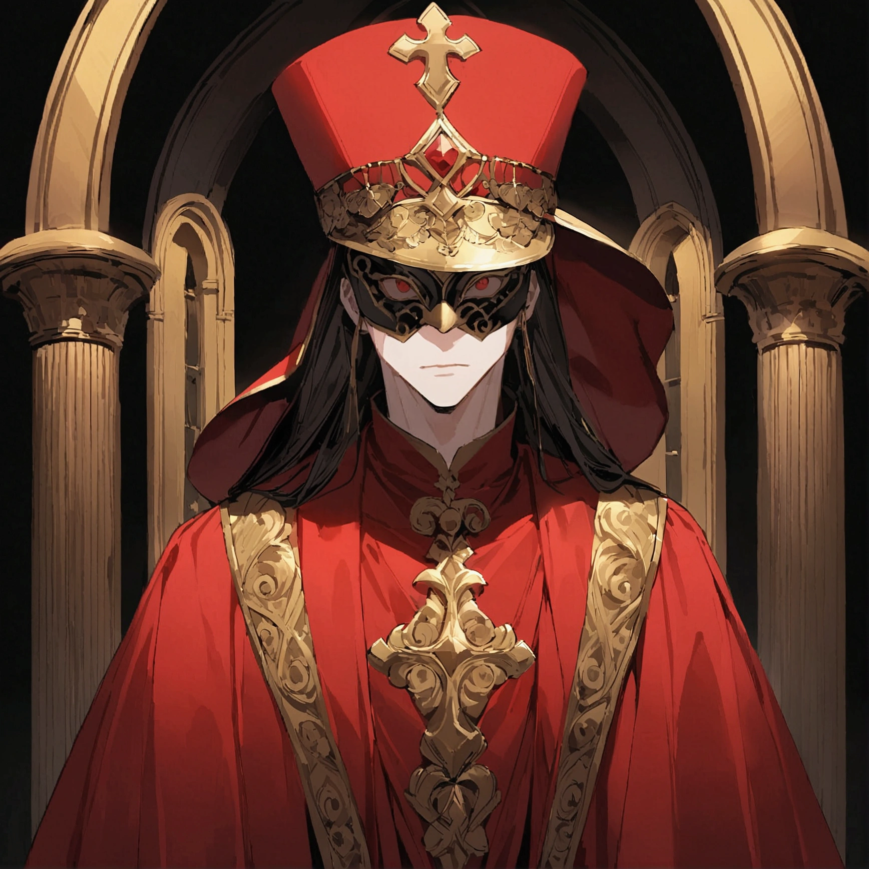 A man in a completely red tunic with gold details similar to a pope&#39;s robe, he wears a clergyman&#39;s hat, a scary golden mark on his face, the mask only has eyes and black details, It looks like a Venetian carnival marquera, dark background of a church