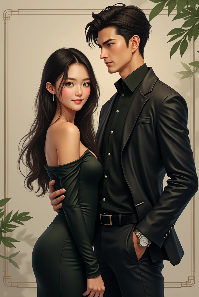 (photorealism:1.2), (2 characters) Girl 20 (face**: Asian, with delicate and well-defined features, including slanted eyes and smooth skin. - **Expression**: smiling, with a kind and warm smile that reflects her friendly and approachable personality. - **hair**: long, dark and straight, cascading down her shoulders.
- **CLOTHES**: elegant and modern, with a style that combines sophistication and a touch of femininity. You could wear a dress or a chic outfit that highlights your slim figure..
style:  realistic and detailed, capturing the natural beauty and elegance of the character) + (Physical Characteristics: Height: high, Approximately 1.85 m 6'1") +  (Complexion: athletic, well toned. hair: dark, short and well groomed. eyes: greens, Intense and penetrating. fur:  Medium tone, with a healthy and well-groomed appearance) 
+ (CLOTHES: style general: elegant and sophisticated, with a focus on modern, well-fitting clothing. Example of outfit: A dark suit; black or charcoal grey with a white shirt, and maybe a skinny tie. Alternatively, You could wear a black leather jacket over a dark colored t-shirt for a more casual but equally stylish look.) +
(Expression: general: Serious and enigmatic, with a look that reflects confidence and a touch of mystery. boca: Slightly tilted downwards, suggesting a reserved or authoritarian attitude. Posture; body: Upright and with a dominant posture, suggesting self-confidence. hands: Hands may be in pockets or crossed in front of him., depending on the context of the illustration) + (Additional Details; Accessories: You can wear an elegant watch or a discreet ring., but without excesses. style del cabello: Well cared for and stylized, without clutter, to highlight your attention to detail. United States) 
