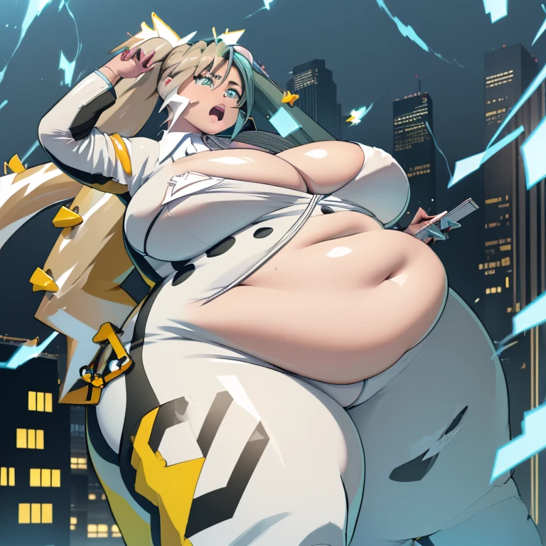 (best quality, anime,), ((ssbbw)), ((bbw)), ((huge breasts)), (hatsune miku), (solo), ((tight bodysuit)), electricity aura, (long twin tale), (extremely fat legs, very thick hips,), overhanging belly, cyberpunk background, buildings in the background, intense storm, brave expression,