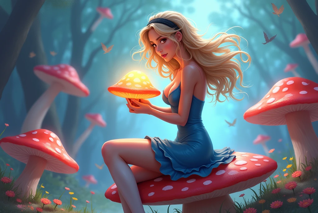 (masterpiece, best quality:1.4), (8K), Young blonde beauty, (((18 years old, neat girl))), detailed blue eyes, long eyelashes, blush, kind smile, horny, upper body, wearing a pink and white shcool uniform crop top, underboob, small ass, slender thin legs, pink skirt, (looking at viewer), beautiful blonde hair, white-skinned, long hair, straight bangs, pigtails, (medium size breasts), (mushroom forest, colorful mushrooms, celestial forest, beautiful and magnificent pink sunshine, majestic sky), colorful natural light)