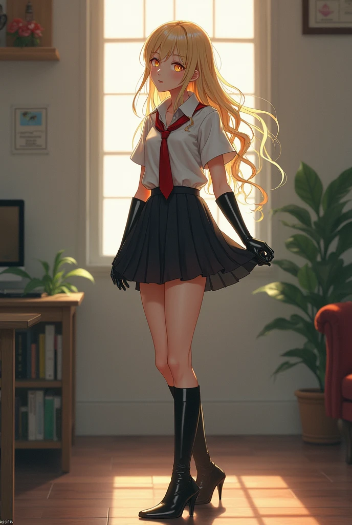 18 year old blonde schoolgirl, in her uniform with shirt tie and skirt, with an apron on. She has long latex gloves and long leather heel boots. She touching her skirt. Cuerpo entero.