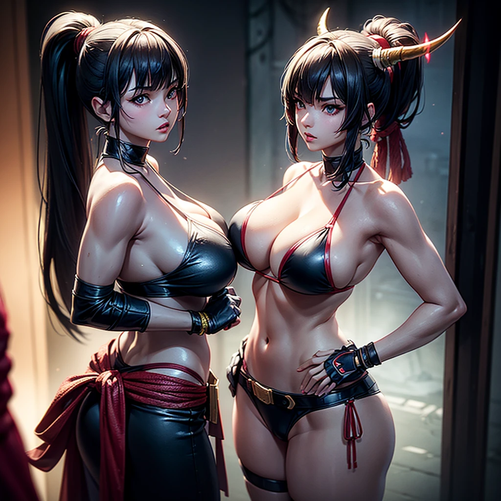(sketch), (mysterious mood), Score_9, score_8_up, score_7_up, 2girl, 2 beautiful young women with long hair, breasts, looking at the viewer, large breasts, brown hair, cleavage, bare shoulders, cleavage, brown eyes, Shut up, upper body, ponytail, red Japanese clothes, sleeveless, high-cross legs, hips, collar, blur, arms, lips, bangs, belt, high ponytail, rope, armband, fighting pose, ninja, Mai Shiranui, Cleavage, large breasts, exposed bikini breast details, clothing may unintentionally fall apart (fall apart), become embedded (causing clothing to pull on the crotch), crop tops may rip and tops may slip off (causing exposure).     Side soft light, highly detailed, masterpiece, delicate skin, Hong Kong style woman, rotten horn ghost mask and retro detailed old turtleneck cyberpunk samurai bikini, translucent amber horns, glowing silver hair, big breasts, cleavage, navel, Surrounded by cyberpunk Japanese street, dark, (surrealism, large depth of field, color, 3D octane rendering, 4k trend, concept art, B0ld01lp41nt, dark theme, charcoal\(center\), photo_b00ster
