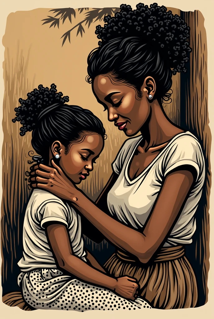 Black woman braiding her daughter's hair In woodcut style with lots of black and white detail