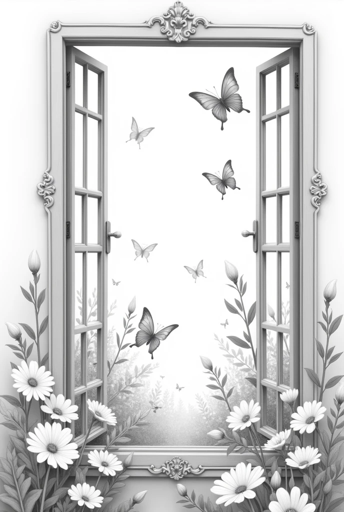 Create a minimalist and delicate black and white illustration for a tattoo of an open vintage window with a flower garden with butterflies outside.