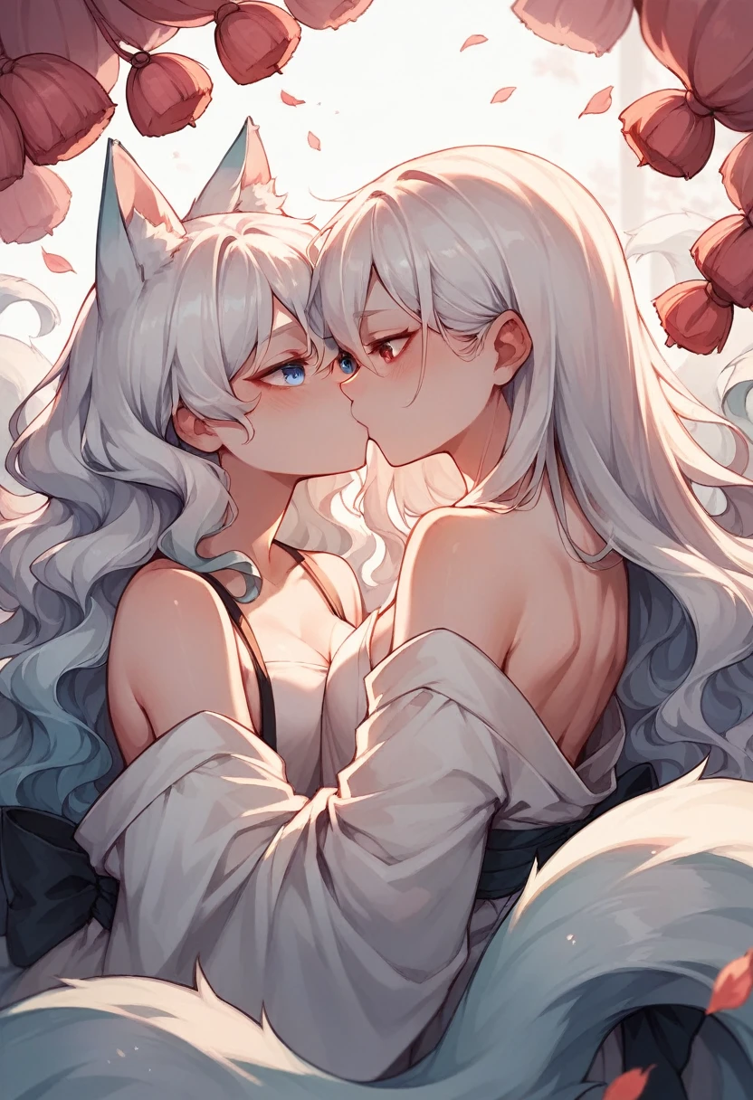 2girls, kissing, First a female kitsune with ((pink long wavy hair)), ears and tails, ((blue eyes)), No clothes, Second a female kitsune with ((white hair)), ears and tails, ((Red eyes)), No clothes