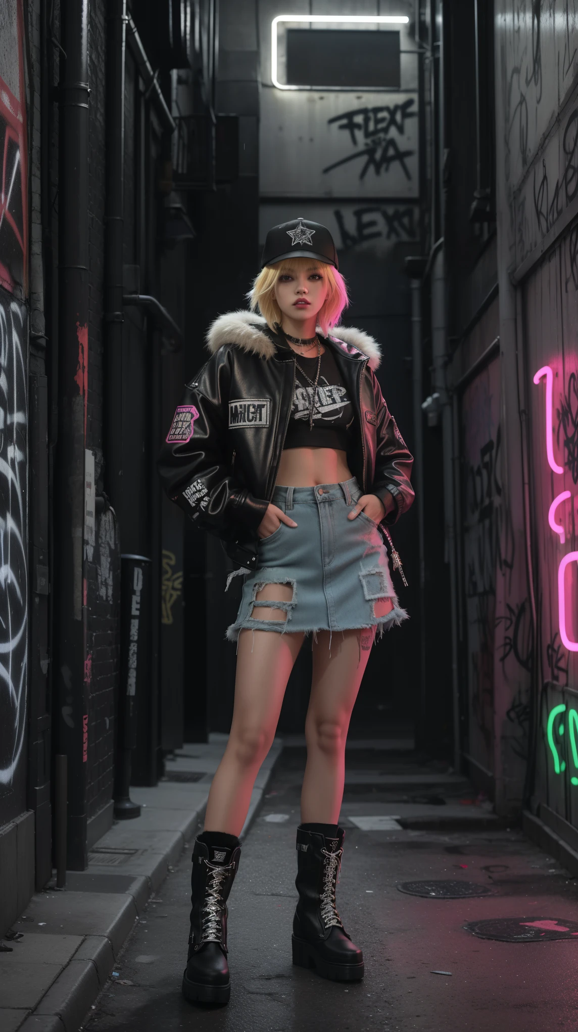 A girl posing in a grungy, neon-lit urban alleyway. Blonde wolfcut hair, The girls wear edgy streetwear, faux fur hacket, fur boots, baseball cap, and skirt. The alleyway is dark and atmospheric, with graffiti-covered walls and glowing neon signs, grungy aesthetic, high angle