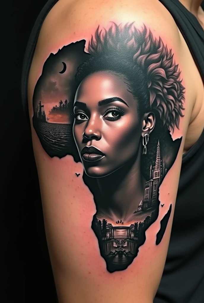 Une image pour un tatouage avec la carte de l afrique et la guadeloupe avec la tete du femme africaine