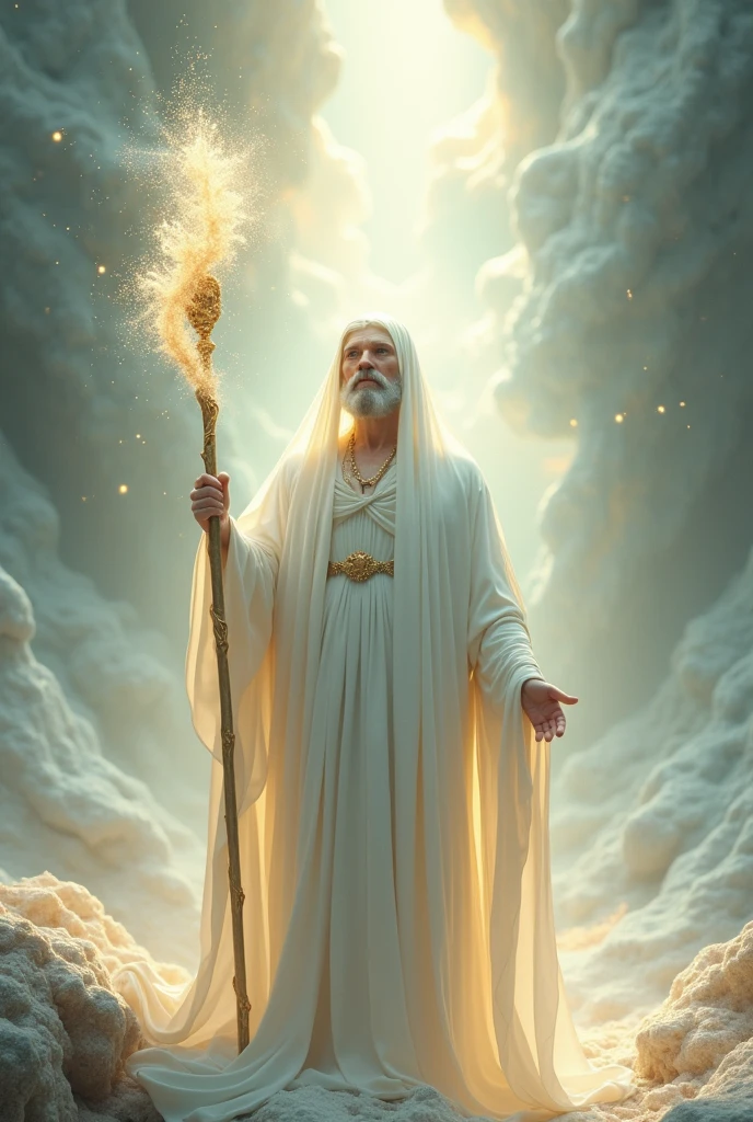 (highly realistic) (work of art) (4k image quality) (hyper detailed) (beautiful perfect face)(fot)(Approximate image)(肌肉男)
"Create an ethereal, luminous scene set in the fifth dimension, featuring a wise fractal being that radiates light. The being is wrapped in a fluid white cloak that covers its entire body, symbolizing purity and wisdom. In your hands, he holds a shining staff, symbol of ancient knowledge and power. The background is filled with soft, luminous fractal patterns that evoke a sense of harmony and enlightenment.. The atmosphere must be serene, with a warm and welcoming light that conveys a message of peace, spiritual ascension and elevation."