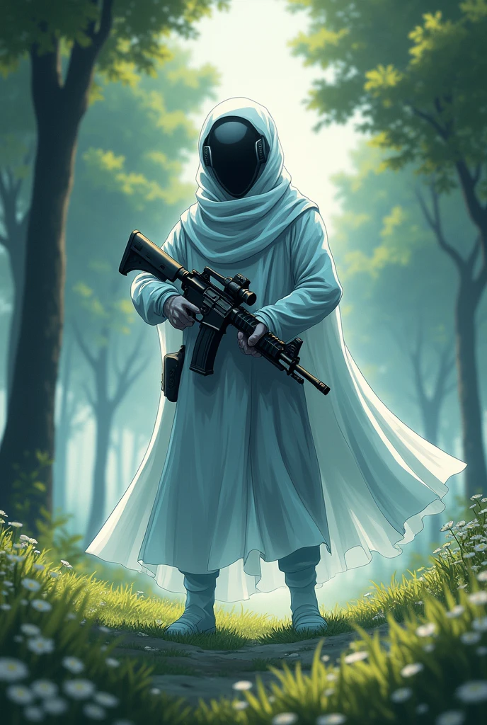 Create anime pic of ghost character from call of duty wearing a full face pubg helmet and face is covered with the helmet, holding m416 assault rifle, the scene is from beautiful forest with grass and flowers, the scene is aesthetic that every people will love to see