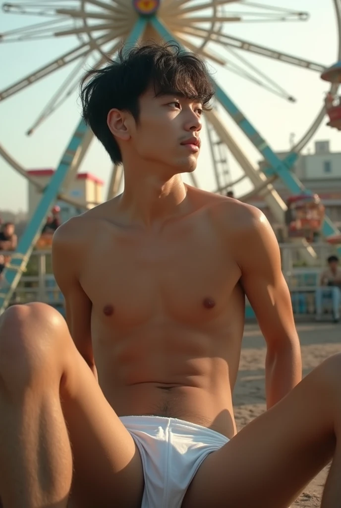 Sitting, Very hairy armpits, hairy pubic, hairy crotch, wet sweaty body, Carousel, Ferris wheel, Full body photo, Very thin thong, Proudly showing off his sweaty very hairy armpits, completely  just wearing white thong, Boy in the crowded amusement park, amazing amusement park scenery,  boy, very young boy, Cinematic soft lighting illuminates a stunningly detailed and ultra-realistic handsome korean male supermodel, ultra messy curly hair, clear honey eyes, captivating perfect smile, sensual, hot man, insanely handsome, showing off his sweaty body, very sixpack muscular body build, full body, 8k, photography, masterpiece, detailed face, detailed eyes, sexy,autiful abdomen and beautiful legs and a detailed big hard penis, esion of ecstasy, excitailed eyes and lips, sixpack . Image quality is of the highest standard, with ultra-detailed features and a realistic appearance. The colors are bright and vibrant, enhancing the overall aesthetic. The lighting is soft and natural, casting a soft glow on the boy, don't merge body's