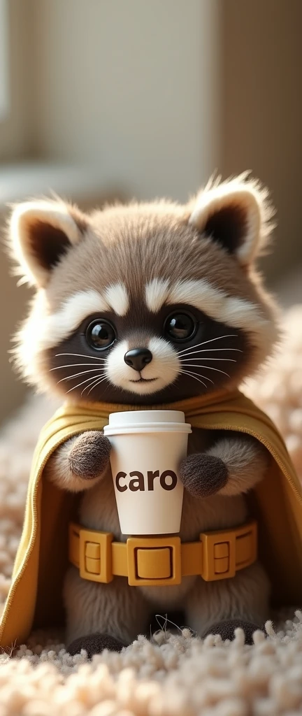 A captivating photograph of a cute extra fluffy baby realistic raccoon hand-crafted woolen . is a cute with beige wool, wool fur, is dressed in a batman costume made of wool and proudly holds a coffee cup with the "caro" logo, adding a cozy touch to the scene. The soft color palette and delicate details create a harmonious and enchanting atmosphere, transforming this photographic image into a mesmerizing visual experience for viewers. The 3D rendering adds a realistic and immersive dimension to the photo, making it a truly captivating piece of art., photo, 3d render, conceptual art