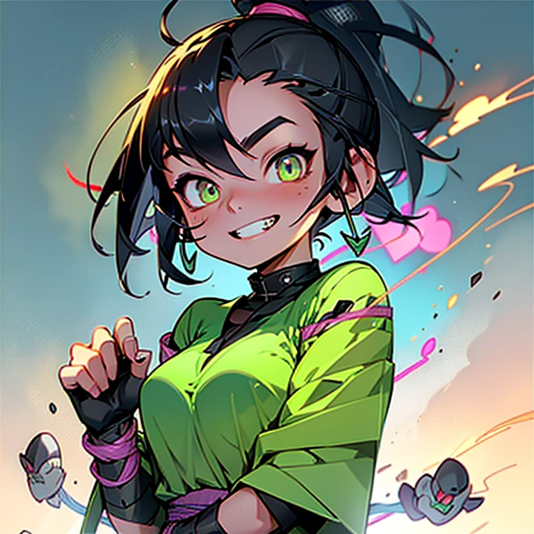 One person, High resolution,night,Neon Town,Bullish personality,Jagged teeth,Expressionless,whole body,Black Hair,Pink Mesh,Large Breasts,smile,ponytail,Ninja