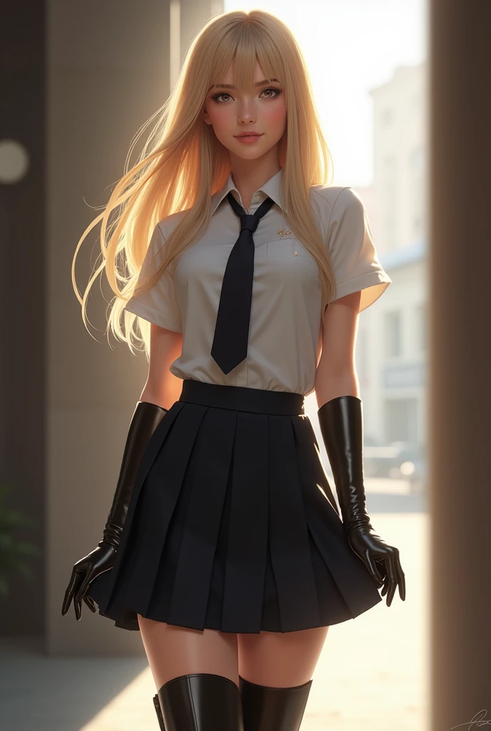 beautifull 18 year old blonde schoolgirl, in her uniform with shirt tie and skirt, with an apron on. She has long latex gloves and long leather heel boots. She touching her skirt. Cuerpo entero.