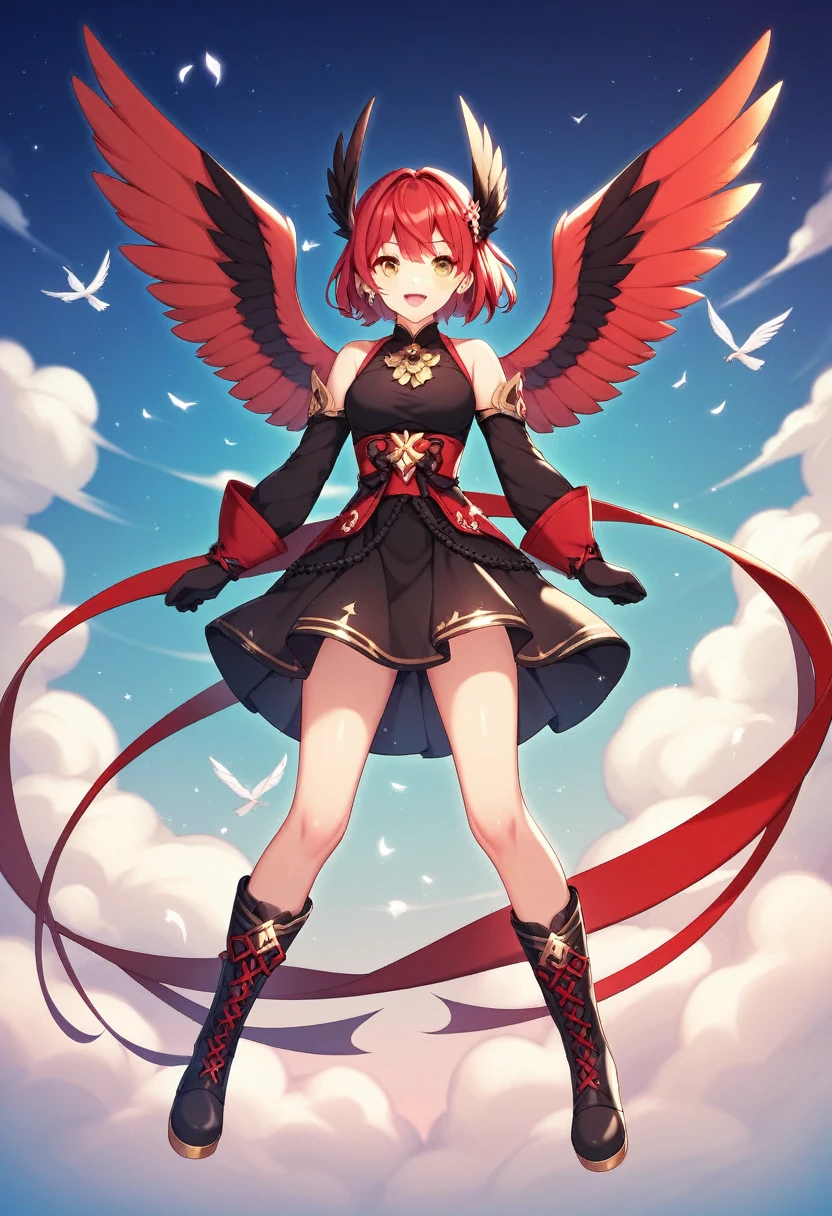 1 girl, alone, ((pitiful)),Dark Blossom, Red hair, yellow eyes, boots, black skirt, gloves, black shirt, wings, glittery clothes, masterpiece, best quality, Optimize_beautiful eyes:0.8 with an approaching thunderstorm in the background, Flock of migratory birds passing through