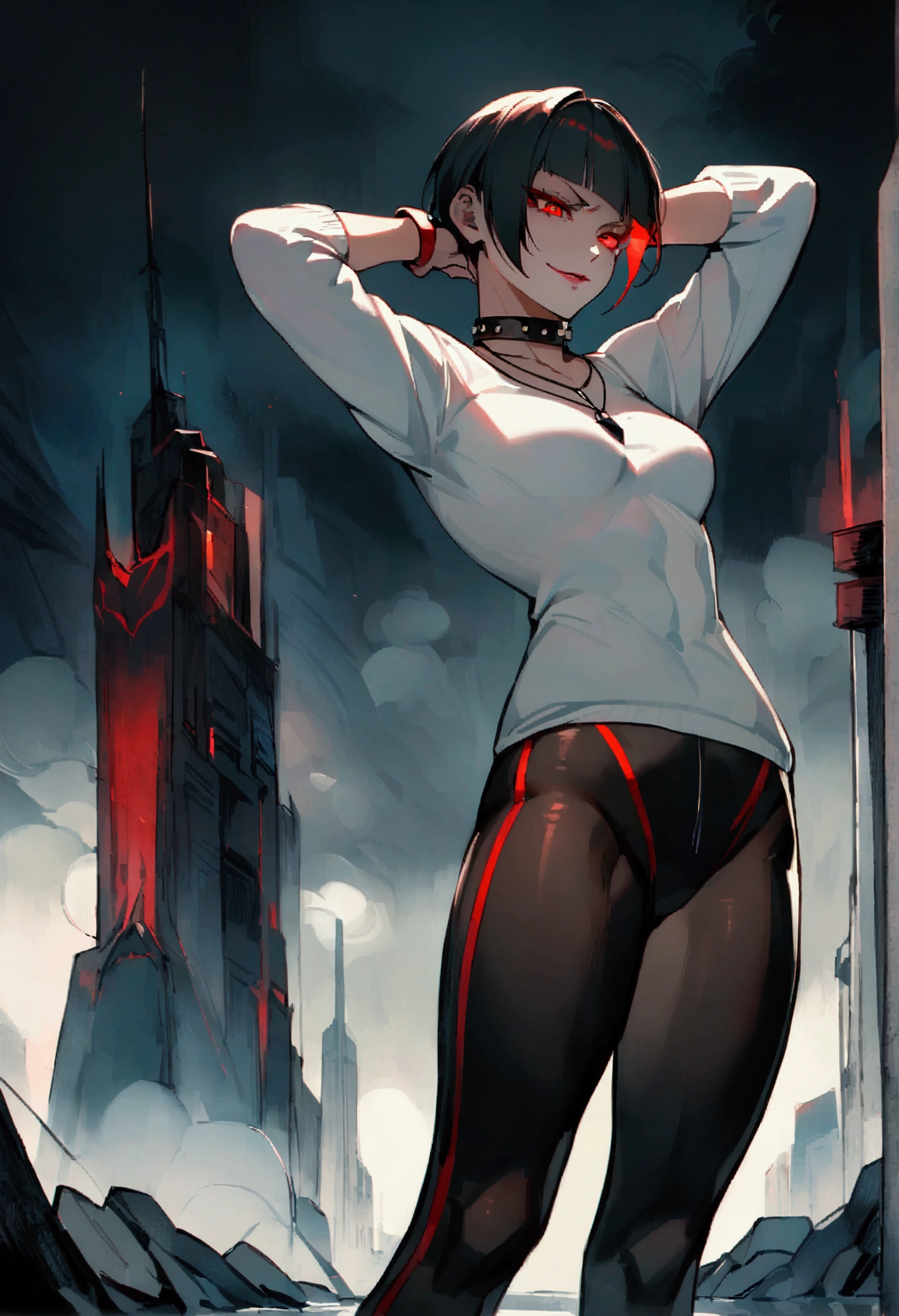 fully body,standing,alone,short hair,work of art,face detailed,young fitness linda,Wearing black pantyhose,tight white sweater with collar ,neckleace,evil smile,red eyes glowing,labiaa,eye shadow,bangs on the eyes,Hands behind the head city,sexy ass
