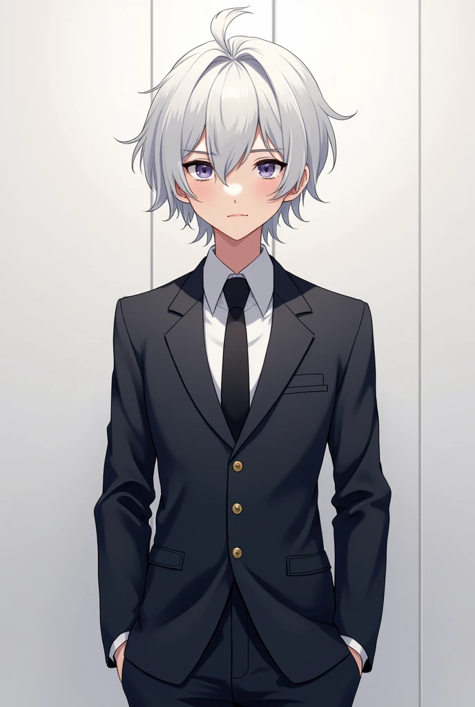 An anime character with white hair and a suit