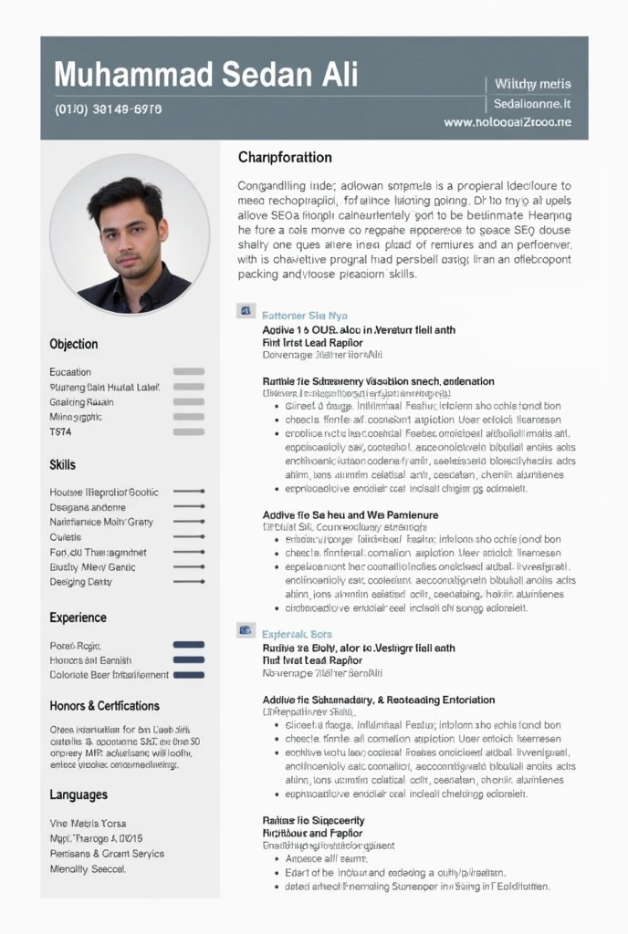 Create a professional resume for Muhammad Sadan Ali, who is an aspiring aerospace professional. Include the following sections:Contact Information:Full Name: Muhammad Sadan AliPhone Number: +92 335 7923049Email: md.sadan599@gmail.comLinkedIn Profile: linkedin.com/in/muhammad-sadan-ali-3881b0323Objective:State that Muhammad is seeking a role in an aerospace company where he can apply his skills in SEO, front-end web development, and graphic design while further developing his expertise.Education:Degree: Bachelor of Science (BS)University: University of KarachiDuration: 2024 - 2028 (Expected)Skills:SEO: Proficient in optimizing websites to improve search engine rankings.Front-End Web Development: Experienced in HTML, CSS, and JavaScript.Graphic Design: Skilled in using Adobe Creative Suite, including Photoshop and Illustrator.Experience:Role: SEO & Graphic DesignerCompany: Next Tech ServicesYear: 2023Responsibilities:Managed SEO campaigns to enhance website visibility and organic traffic.Designed marketing materials such as brochures, posters, and social media graphics.Honors & Certifications:Received an Honour Certificate for outstanding performance in SEO and graphic design at Next Tech Services.Languages:English: FluentUrdu: Fluent