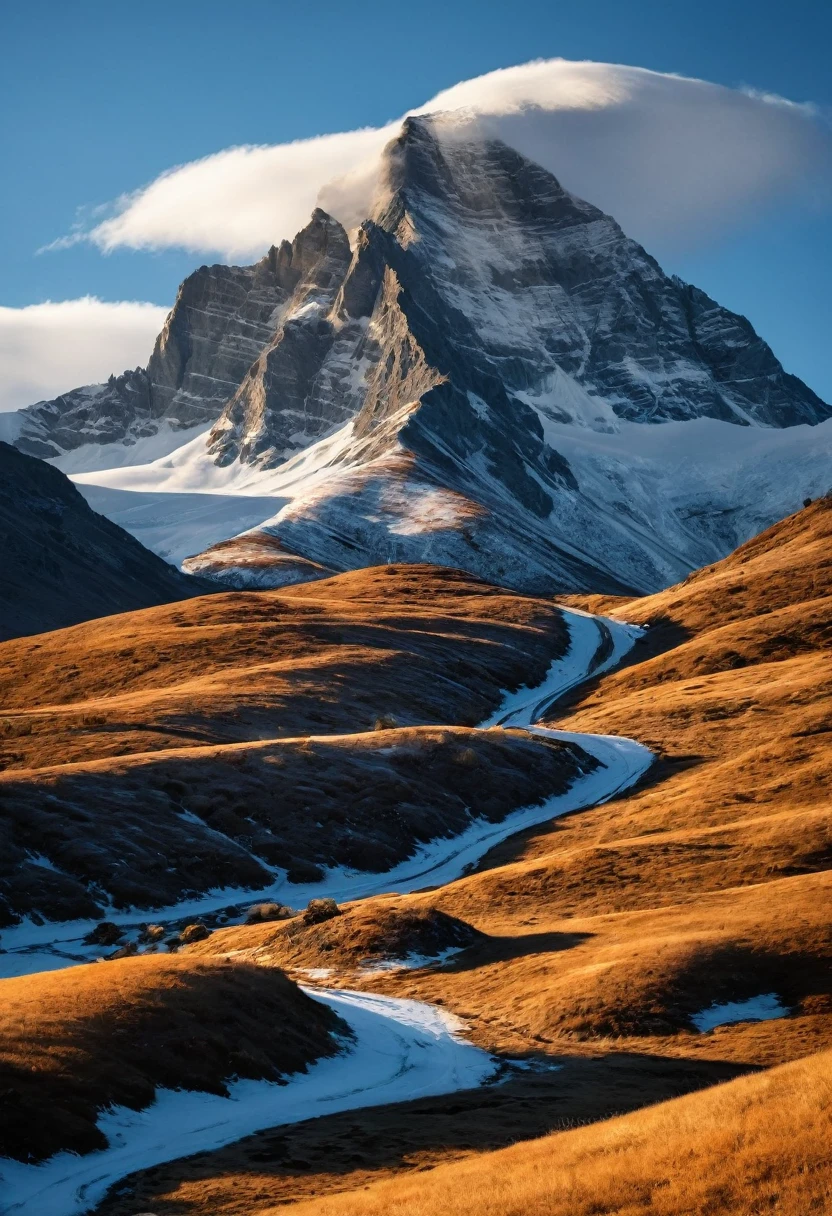 Here’s a professionally crafted prompt for generating a high-quality photograph of a mountainous landscape:

"A breathtaking, high-definition photograph of a mountainous landscape at dawn, with the sun positioned low in the sky, casting long, golden rays across the snow-covered peaks. The contrast between the warm sunlight and the cool, crisp snow creates a stunning interplay of light and shadow, highlighting the rugged contours of the mountains. The sky is a gradient of deep orange transitioning to pale blue, and the overall image exudes a sense of serenity and grandeur, with impeccable sharpness and detail in every element."

This prompt is designed to capture the essence of a professionally taken photograph with exceptional quality and a focus on the dramatic lighting of the scene.