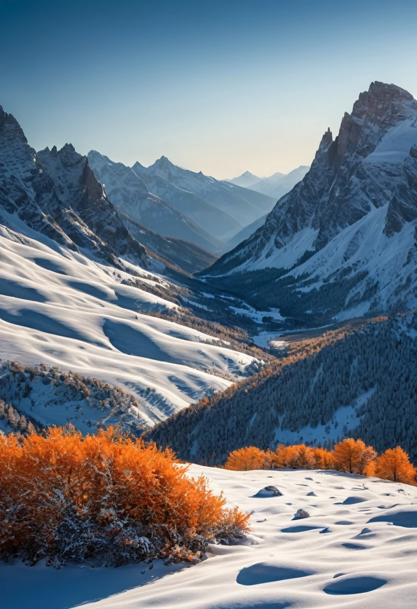 Here’s a professionally crafted prompt for generating a high-quality photograph of a mountainous landscape:
"A breathtaking, high-definition photograph of a mountainous landscape at dawn, with the sun positioned low in the sky, casting long, golden rays across the snow-covered peaks. The contrast between the warm sunlight and the cool, crisp snow creates a stunning interplay of light and shadow, highlighting the rugged contours of the mountains. The sky is a gradient of deep orange transitioning to pale blue, and the overall image exudes a sense of serenity and grandeur, with impeccable sharpness and detail in every element."
This prompt is designed to capture the essence of a professionally taken photograph with exceptional quality and a focus on the dramatic lighting of the scene.