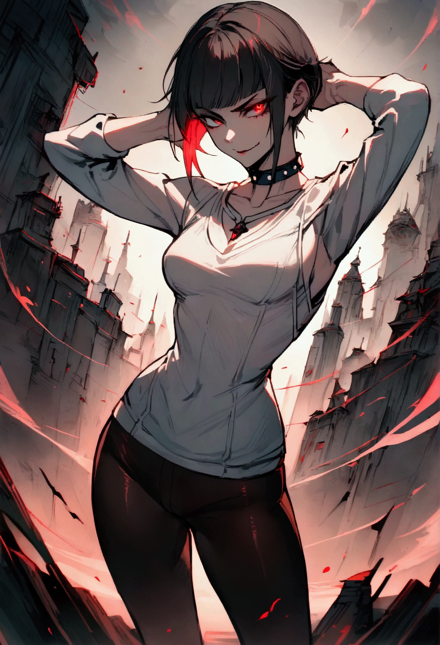 standing,alone,short hair,work of art,face detailed,young fitness linda,Wearing black pantyhose,tight white sweater with collar ,neckleace,evil smile,red eyes glowing,labiaa,eye shadow,bangs on the eyes,Hands behind the head ,citys
