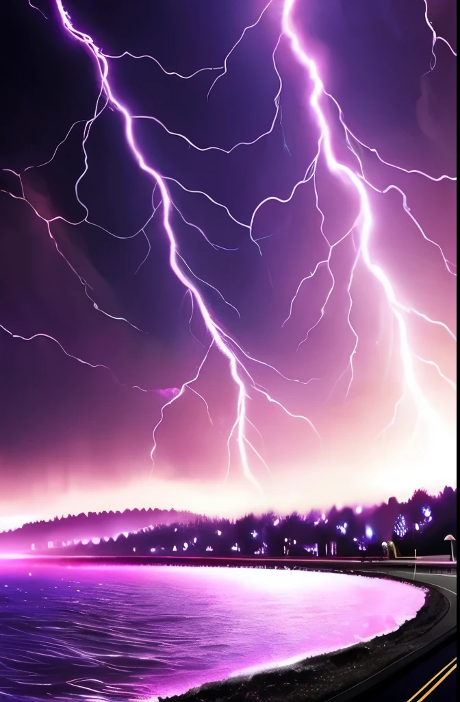 purple lightning streaks over a body of water under a cloudy sky, a picture by Anato Finnstark, tumblr, romanticism, dramatic purple thunders, pink lightning, pink storm clouds, magenta lighting. fantasy, purple lightning, beautiful lightning, dramatic pink light, purple. ambient lightning, lightning clouds, beatifull lightning, amazing lightning, exquisite lightning